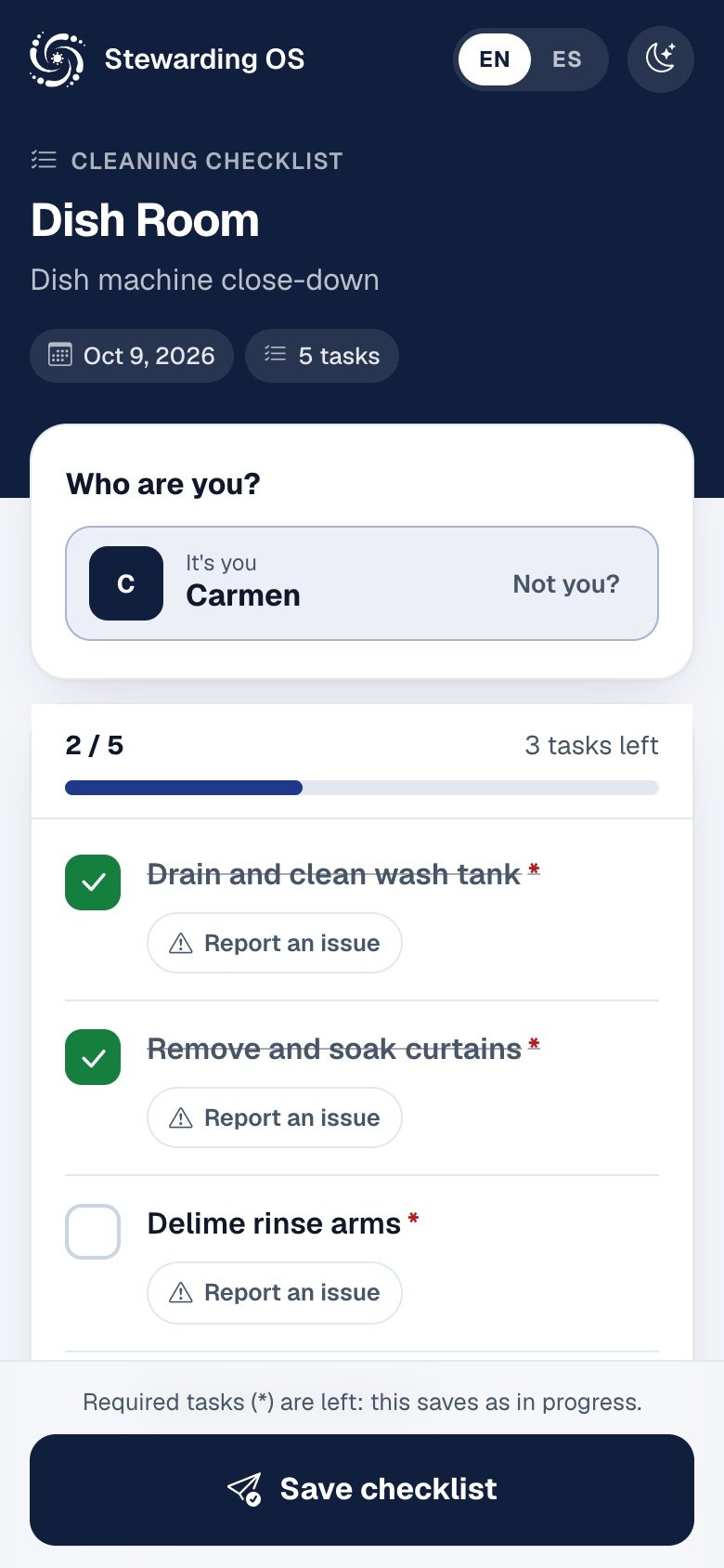 A cleaning checklist on a phone, two of five tasks ticked off