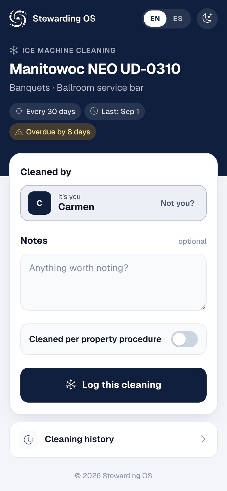 An overdue ice machine on a phone, ready to log a cleaning